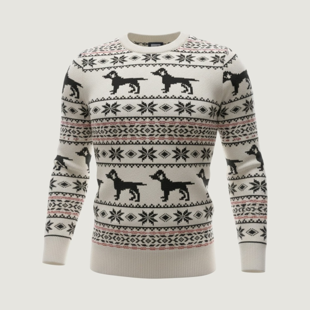 Lands End Fair Isle Dog Sweater Cream Black Red Crewneck Knit Small